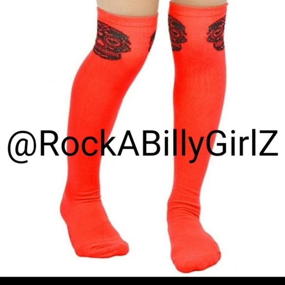 Sourpuss Accessories - Sourpuss 19" Red Day of Dead Sexy Thigh High Socks w Double Sided Black Skulls